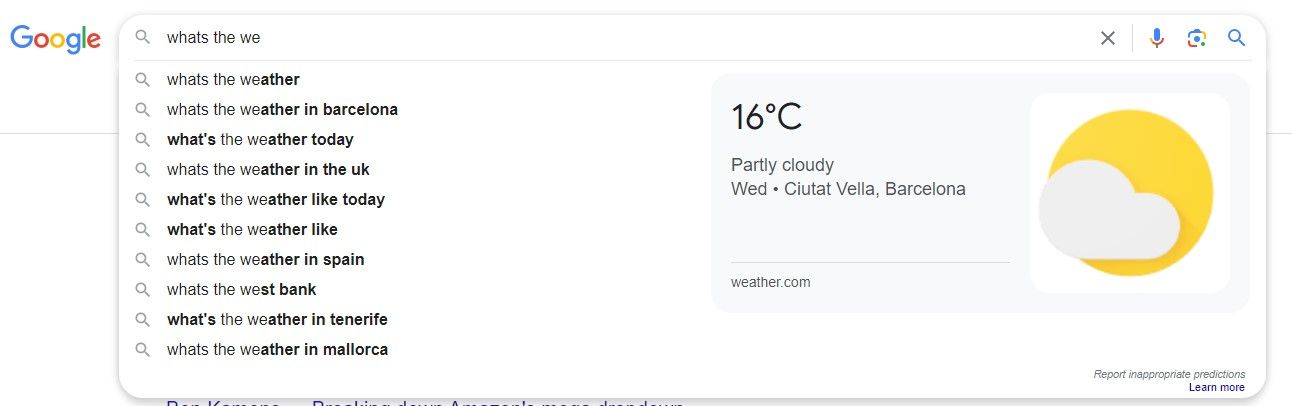 Screenshot while writing on Google's search engines, and the search suggestions.